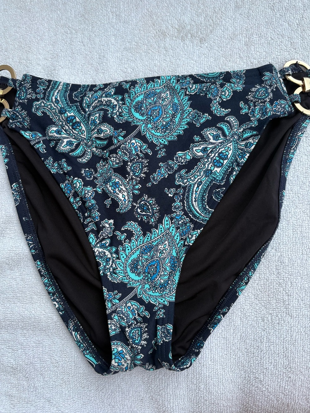 MICHAEL Michael Kors Black Teal Paisley Bikini Bottoms with Gold Rings